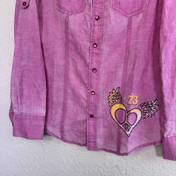Sinful by Affliction Shirt Womens Small Y2K Angel Heart Wings Top Snap Button Up - Picture 5 of 13
